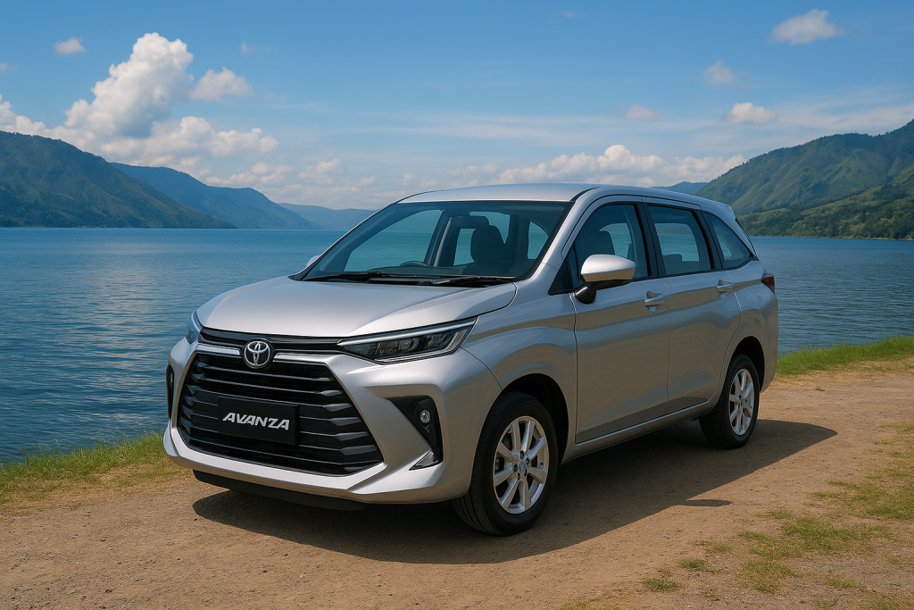 Pemandangan Danau Toba dengan mobil Toyota Avanza hasil sewa yang siap untuk wisata keliling Samosir