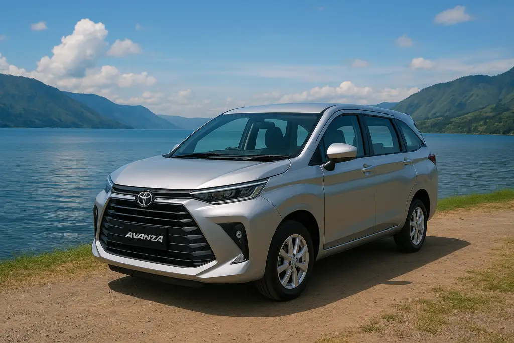 Pemandangan Danau Toba dengan mobil Toyota Avanza hasil sewa yang siap untuk wisata keliling Samosir