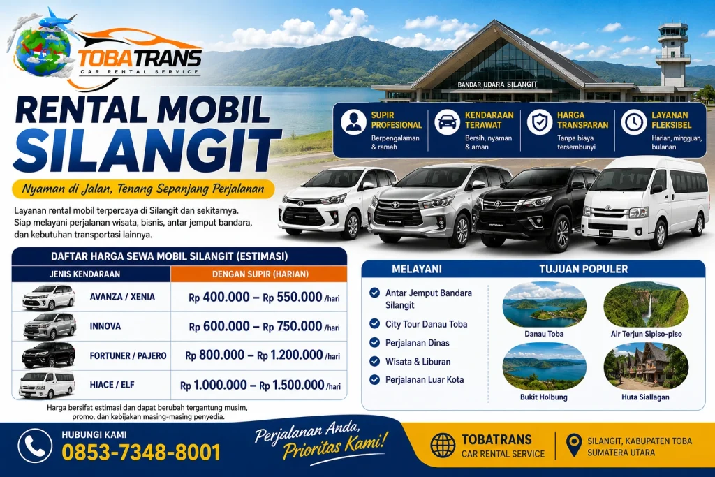 Rental Mobil Silangit Terpercaya untuk Wisata dan Bisnis Bandara Silangit menjadi pintu gerbang utama menuju kawasan Danau Toba. Setiap hari ribuan wisatawan domestik maupun mancanegara tiba di bandara ini untuk melanjutkan perjalanan ke Parapat, Pulau Samosir, Balige, Tarutung, Humbang Hasundutan, dan berbagai destinasi wisata lainnya. Melalui layanan rental mobil Silangit, Anda tidak perlu repot mencari transportasi umum atau menunggu kendaraan yang belum tentu tersedia. Sopir kami akan menjemput Anda langsung di area kedatangan bandara sesuai jadwal penerbangan. Keunggulan menggunakan jasa Tobatrans antara lain Penjemputan tepat waktu di Bandara Silangit. Sopir berpengalaman dan ramah. Kendaraan bersih dan terawat. Cocok untuk wisata keluarga, perjalanan dinas, maupun rombongan. Harga transparan tanpa biaya tersembunyi. Layanan tersedia setiap hari.